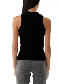 Petite Viscose Blend Sleeveless Collar Rib Tank with Center Front Nonfunctional Placket and Silver Metal Snaps