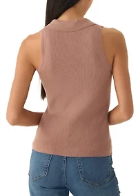 Petite Viscose Blend Sleeveless Collar Rib Tank with Center Front Nonfunctional Placket and Silver Metal Snaps