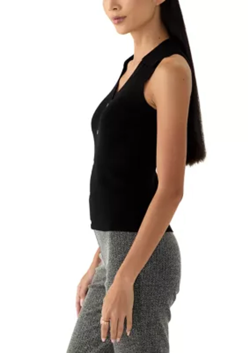 Petite Viscose Blend Sleeveless Collar Rib Tank with Center Front Nonfunctional Placket and Silver Metal Snaps