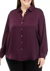 Plus Long Sleeve Satin Button Down Shirt