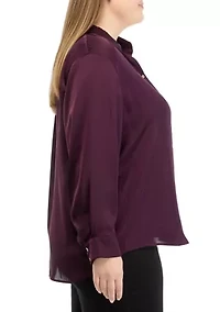 Plus Long Sleeve Satin Button Down Shirt