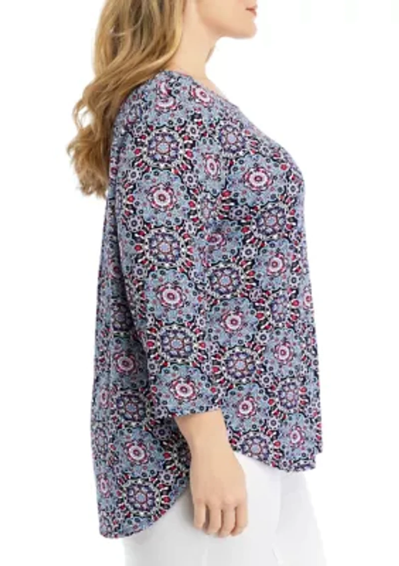 Plus 3/4 Sleeve Pleat Back Knit Top