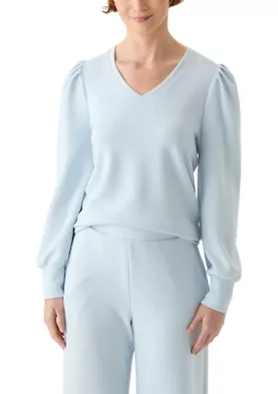 Women's Long Sleeve Scuba V-Neck Puff Shoulder Top