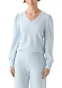 Women's Long Sleeve Scuba V-Neck Puff Shoulder Top