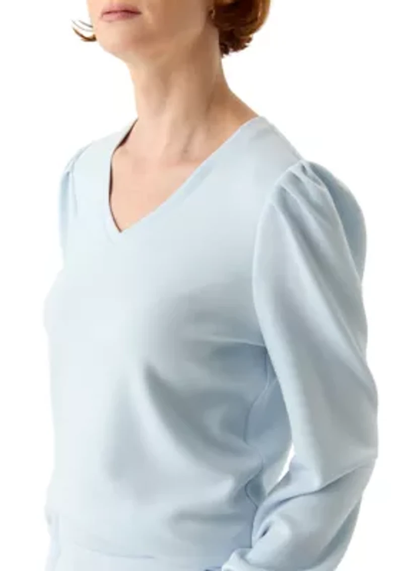 Women's Long Sleeve Scuba V-Neck Puff Shoulder Top