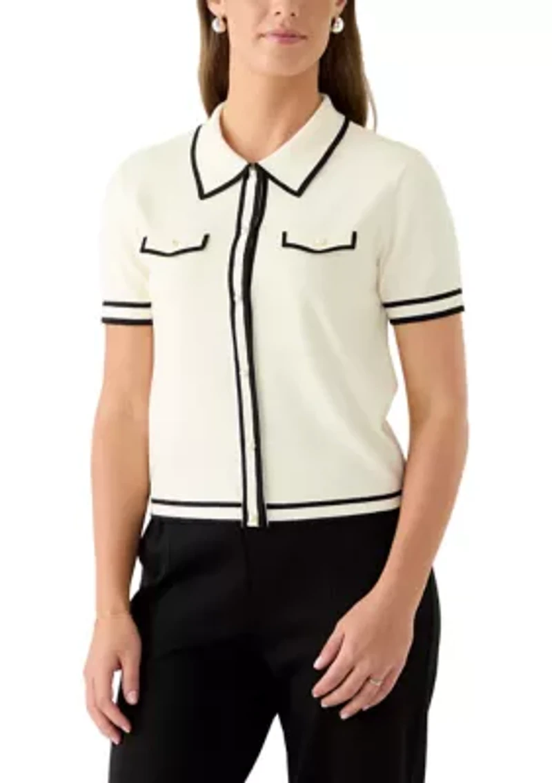 Women's Short Sleeve Faux Pearl Button Up Polo Shirt