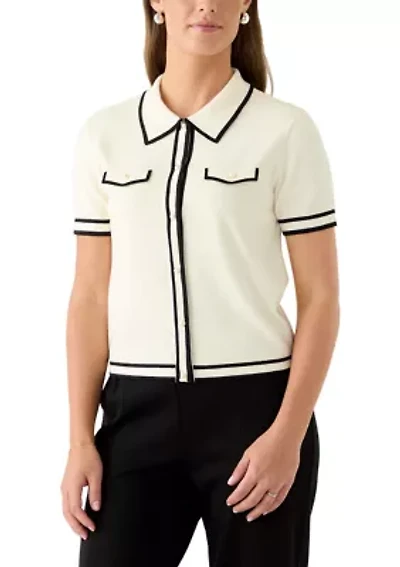 Women's Short Sleeve Faux Pearl Button Up Polo Shirt