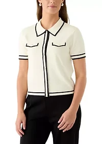 Women's Short Sleeve Faux Pearl Button Up Polo Shirt