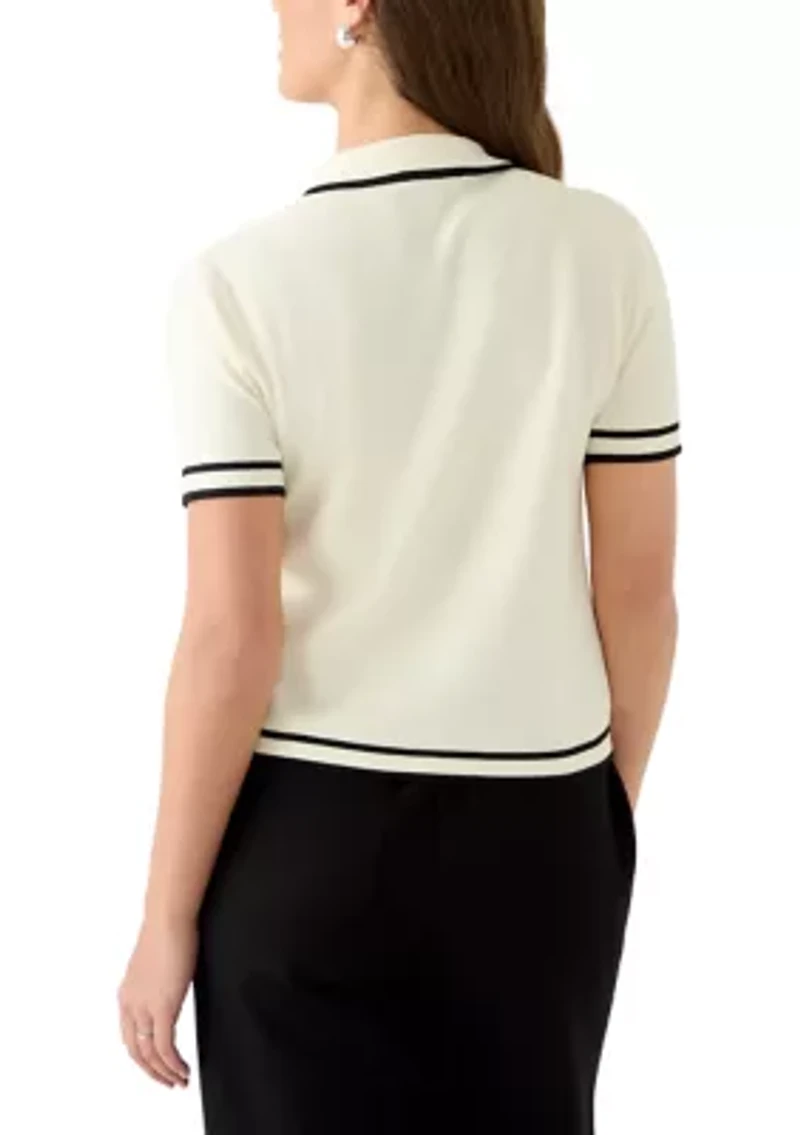 Women's Short Sleeve Faux Pearl Button Up Polo Shirt