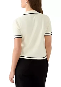 Women's Short Sleeve Faux Pearl Button Up Polo Shirt