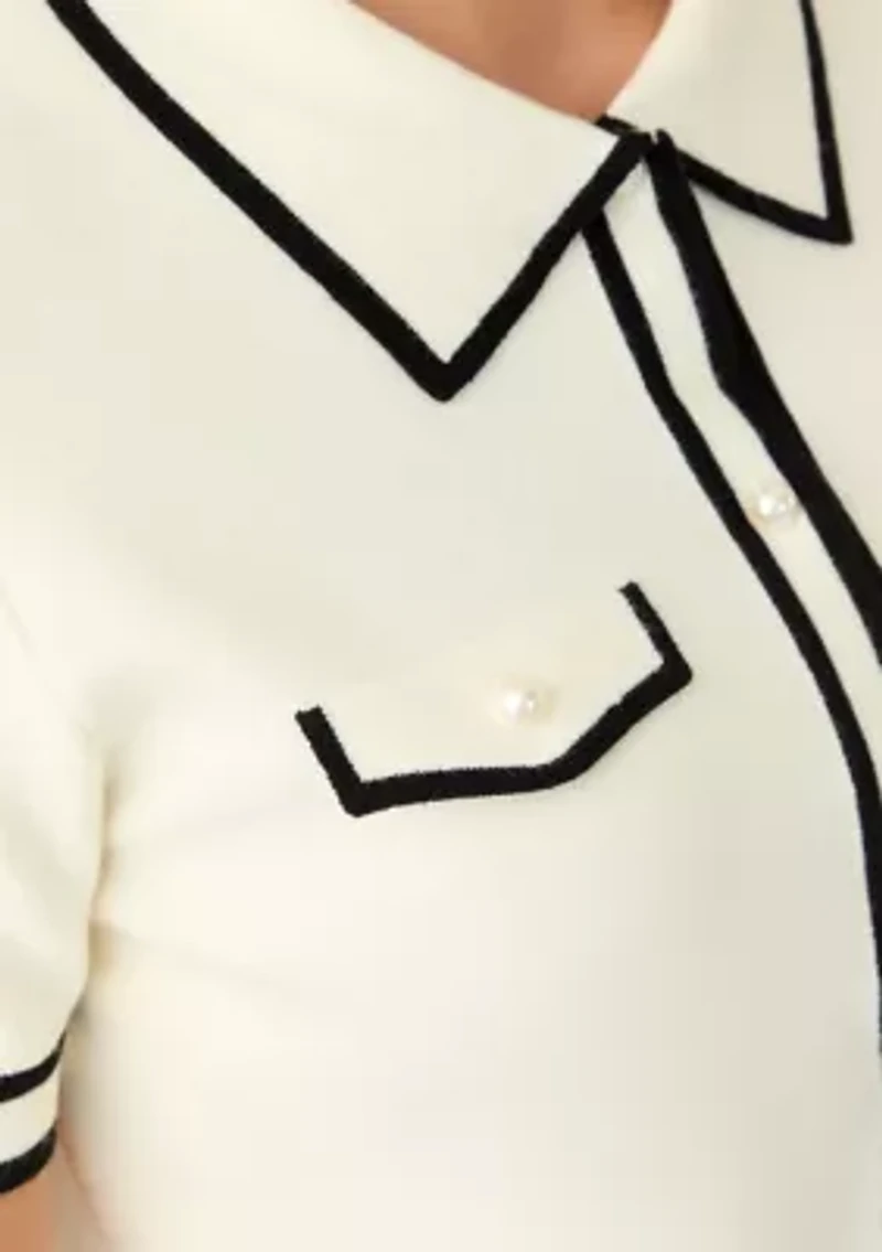 Women's Short Sleeve Faux Pearl Button Up Polo Shirt