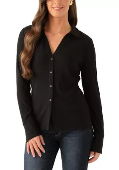 Women's Long Sleeve Collard Split Neck Ribbed Top