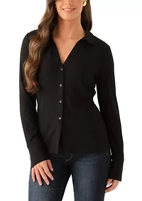 Women's Long Sleeve Collard Split Neck Ribbed Top