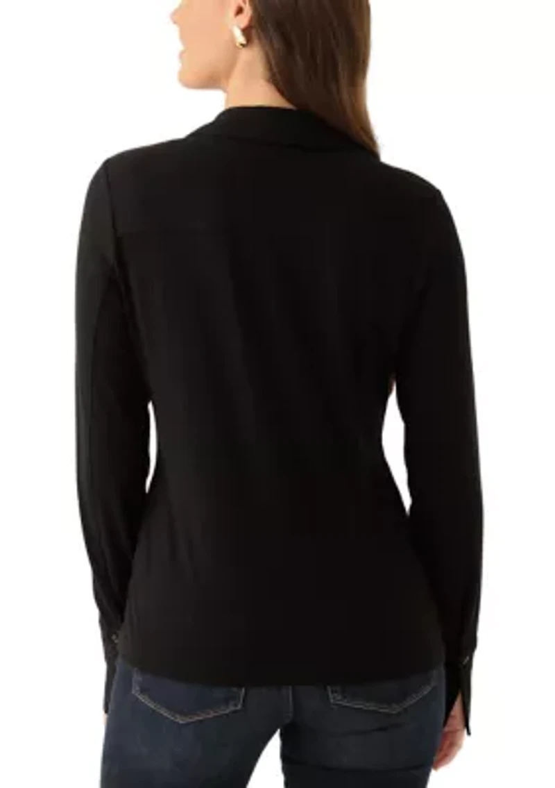 Women's Long Sleeve Collard Split Neck Ribbed Top