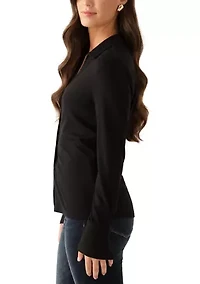 Women's Long Sleeve Collard Split Neck Ribbed Top