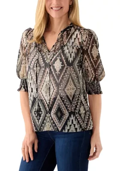 Women's Tie Neck Puff Elbow Sleeve Top