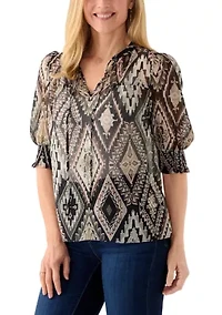 Women's Tie Neck Puff Elbow Sleeve Top