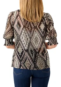 Women's Tie Neck Puff Elbow Sleeve Top