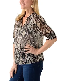 Women's Tie Neck Puff Elbow Sleeve Top