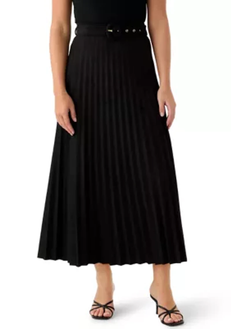 Women's Belted Pleated Faux Suede Midi Skirt