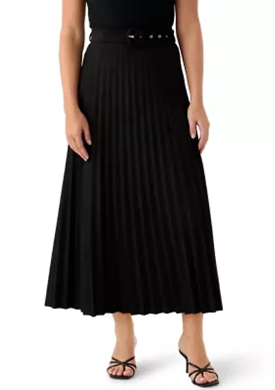 Women's Belted Pleated Faux Suede Midi Skirt