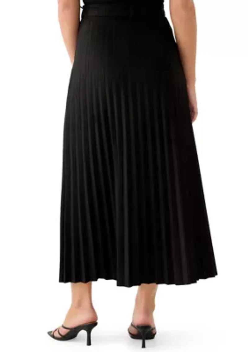 Women's Belted Pleated Faux Suede Midi Skirt