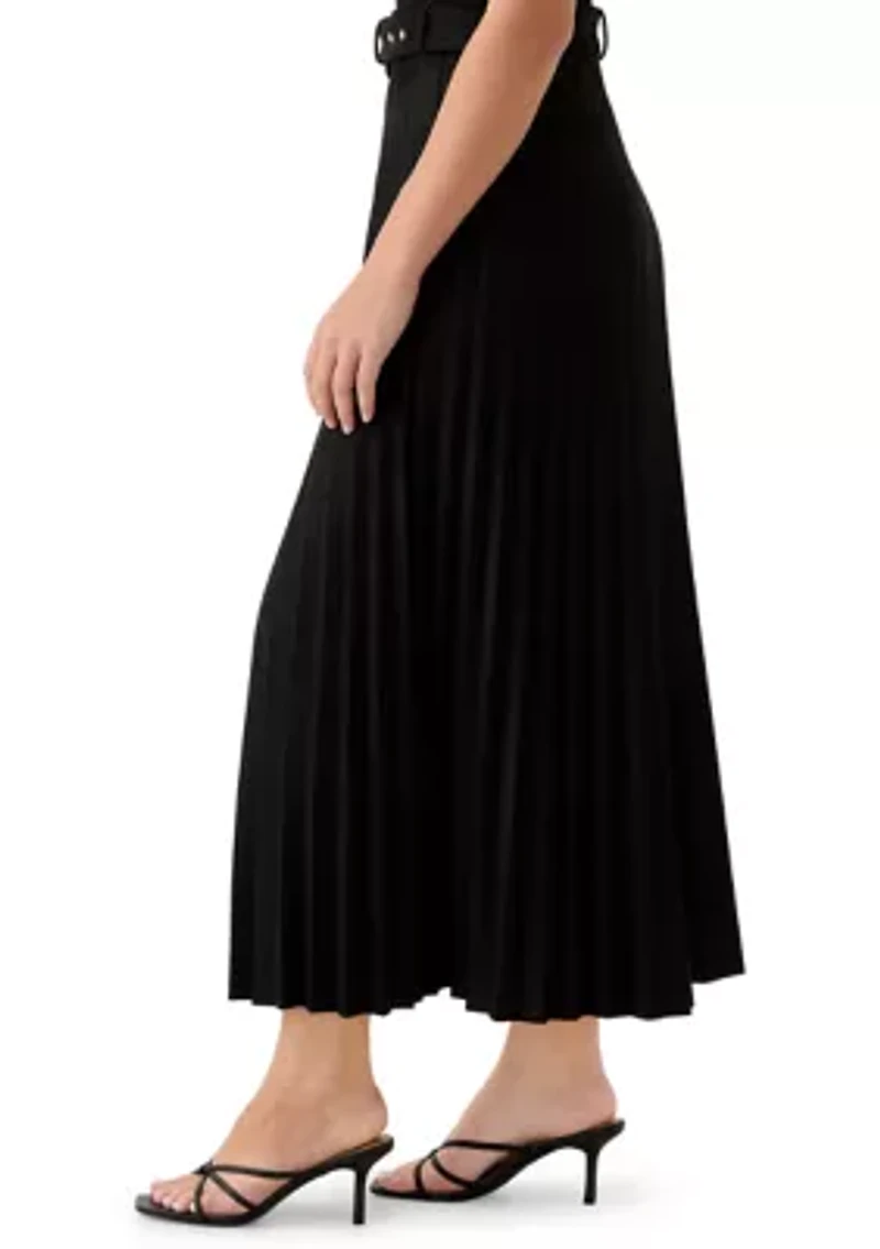 Women's Belted Pleated Faux Suede Midi Skirt