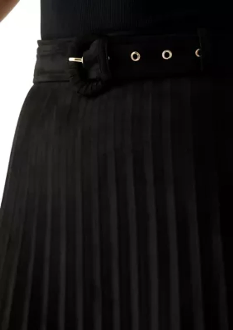 Women's Belted Pleated Faux Suede Midi Skirt