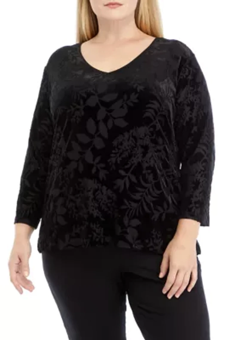 Plus 3/4 Sleeve Velvet Burnout Top