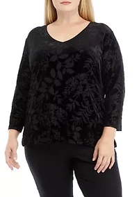Plus 3/4 Sleeve Velvet Burnout Top