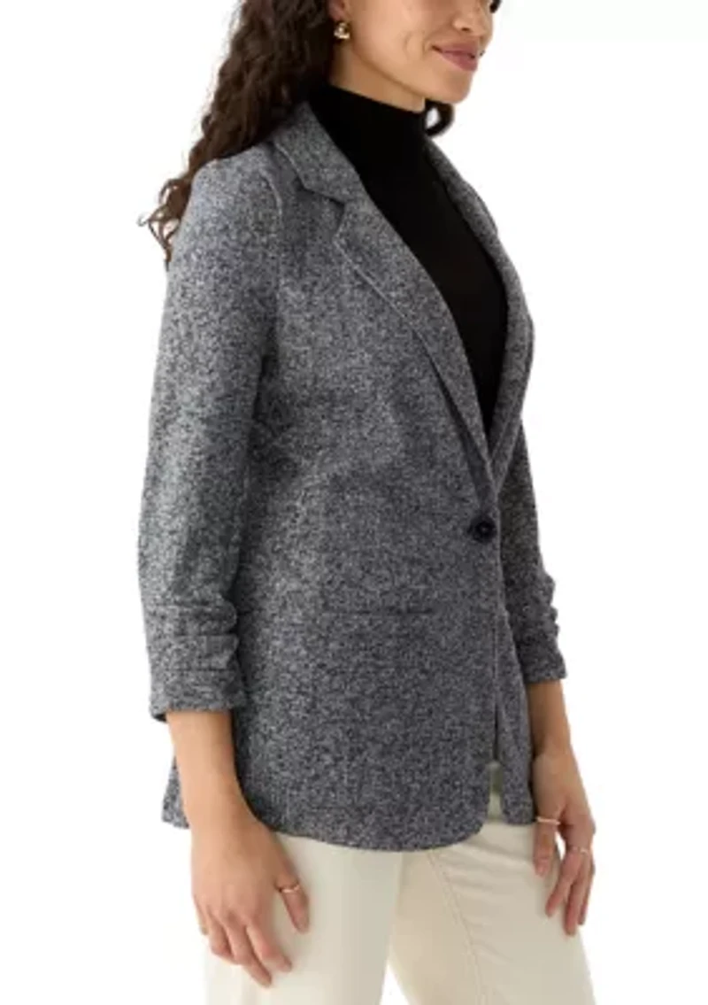 Petite 3/4 Ruched Sleeve Notch Collar One Button French Terry Jacket