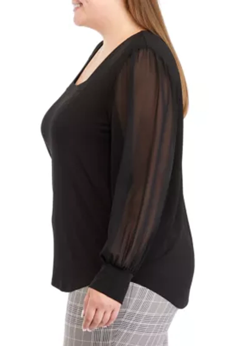 Plus Chiffon Sleeve Mixed Media Blouse