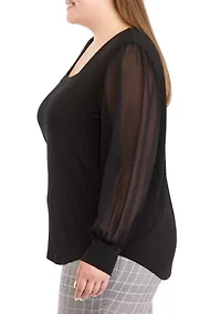 Plus Chiffon Sleeve Mixed Media Blouse