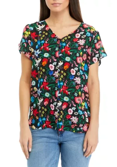 Petite Short Tulip Sleeve V-Neck Printed Blouse