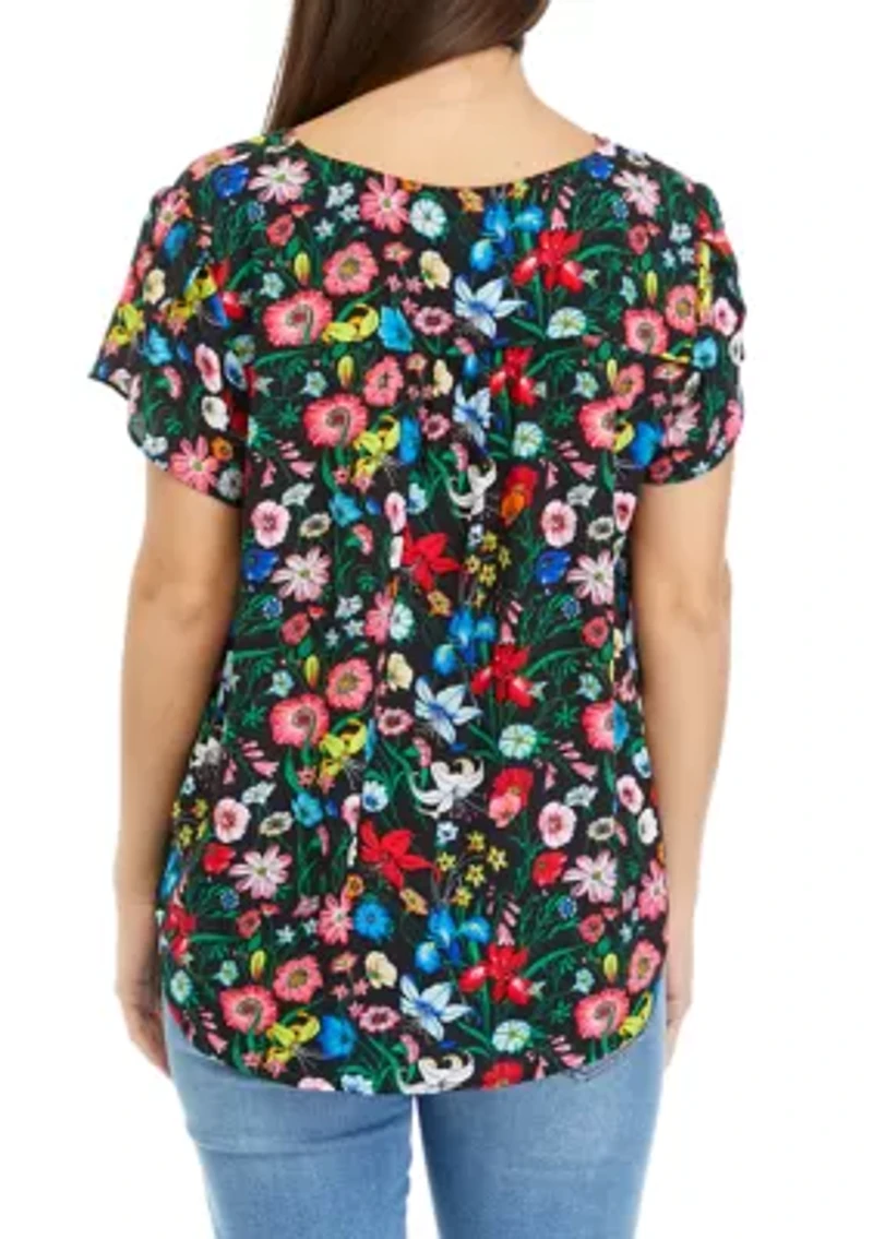 Petite Short Tulip Sleeve V-Neck Printed Blouse