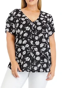 Plus Short Petal Sleeve V-Neck Blouse