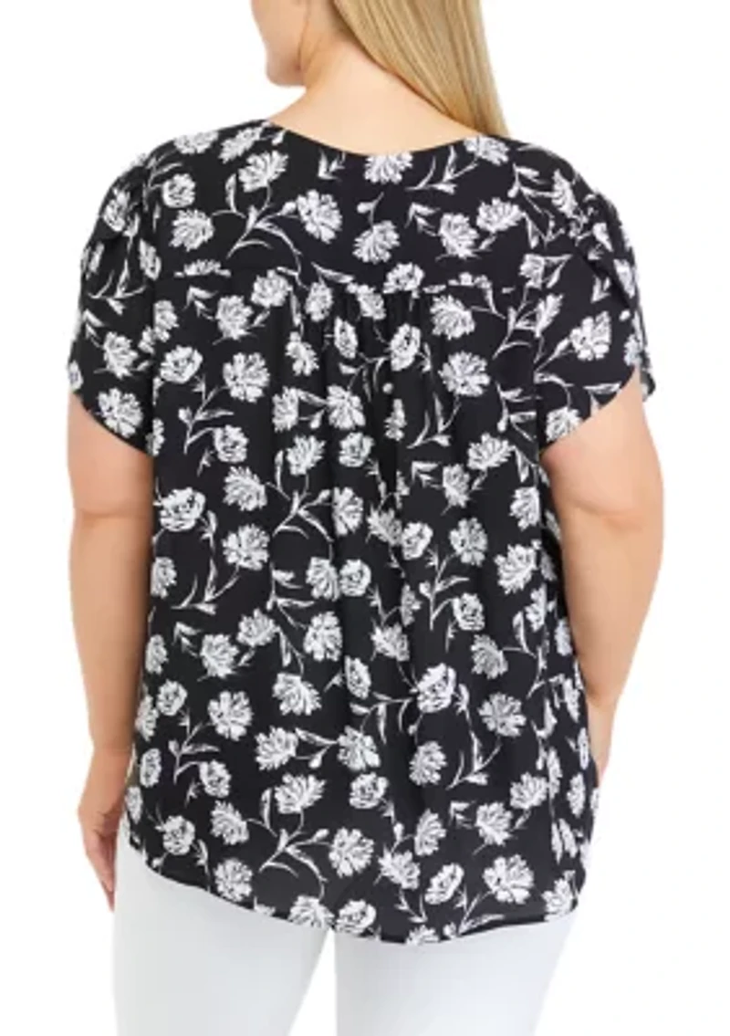 Plus Short Petal Sleeve V-Neck Blouse