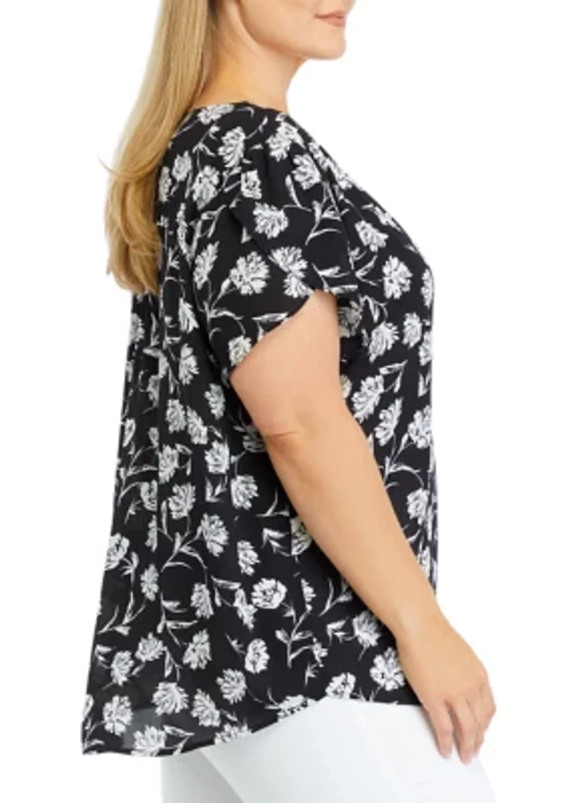 Plus Short Petal Sleeve V-Neck Blouse