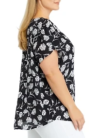 Plus Short Petal Sleeve V-Neck Blouse