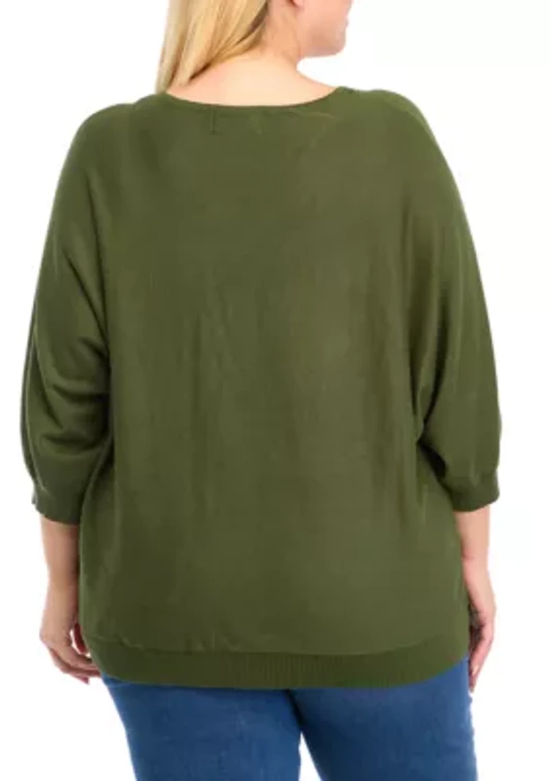 Plus Solid Elbow Sleeve Knit Sweater