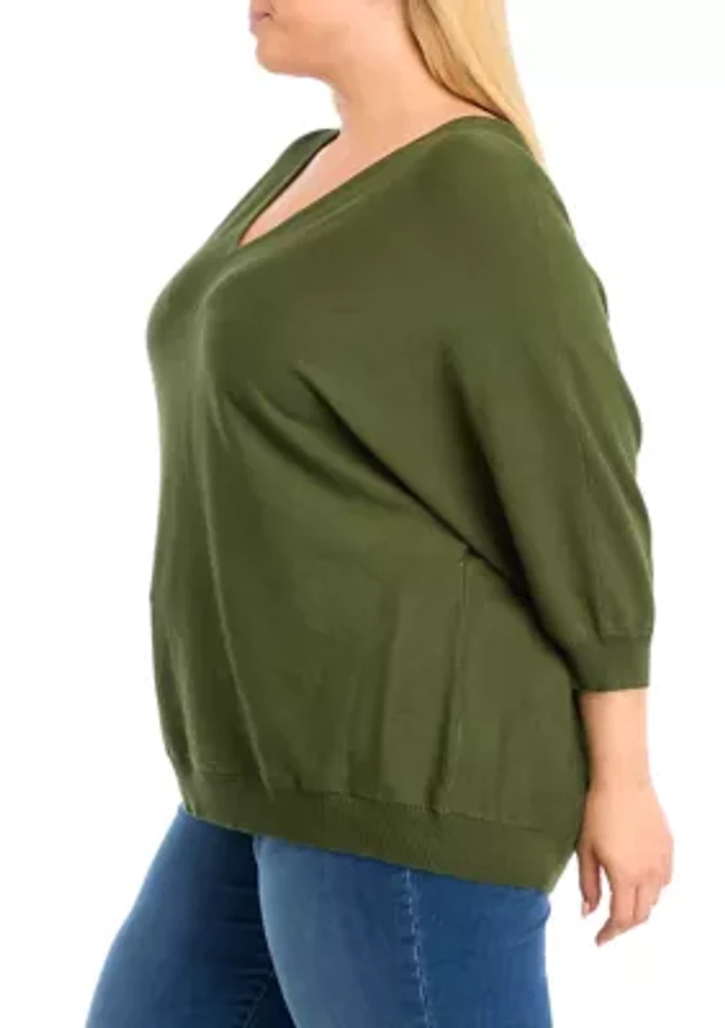 Plus Solid Elbow Sleeve Knit Sweater