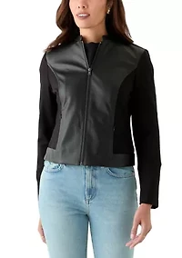 Petite Long Sleeve Mix Media Faux Leather Trim Jacket