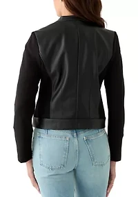 Petite Long Sleeve Mix Media Faux Leather Trim Jacket