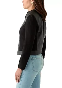 Petite Long Sleeve Mix Media Faux Leather Trim Jacket