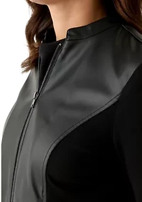Petite Long Sleeve Mix Media Faux Leather Trim Jacket
