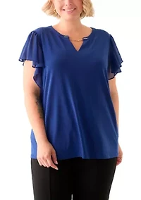 Plus Flutter Sleeve Mixed Media Top