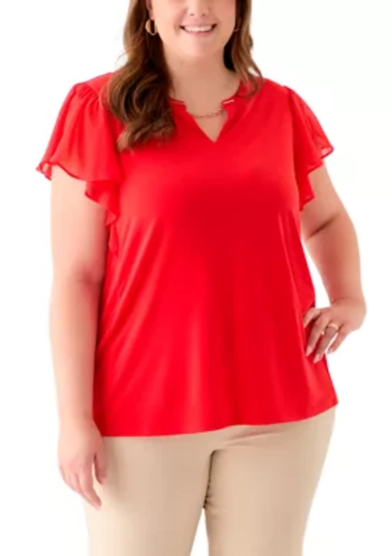 Plus Flutter Sleeve Mixed Media Top