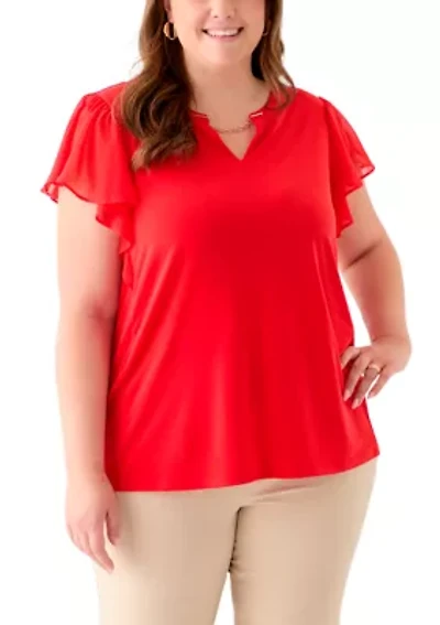 Plus Flutter Sleeve Mixed Media Top
