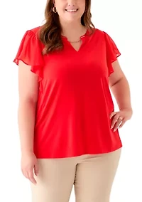 Plus Flutter Sleeve Mixed Media Top