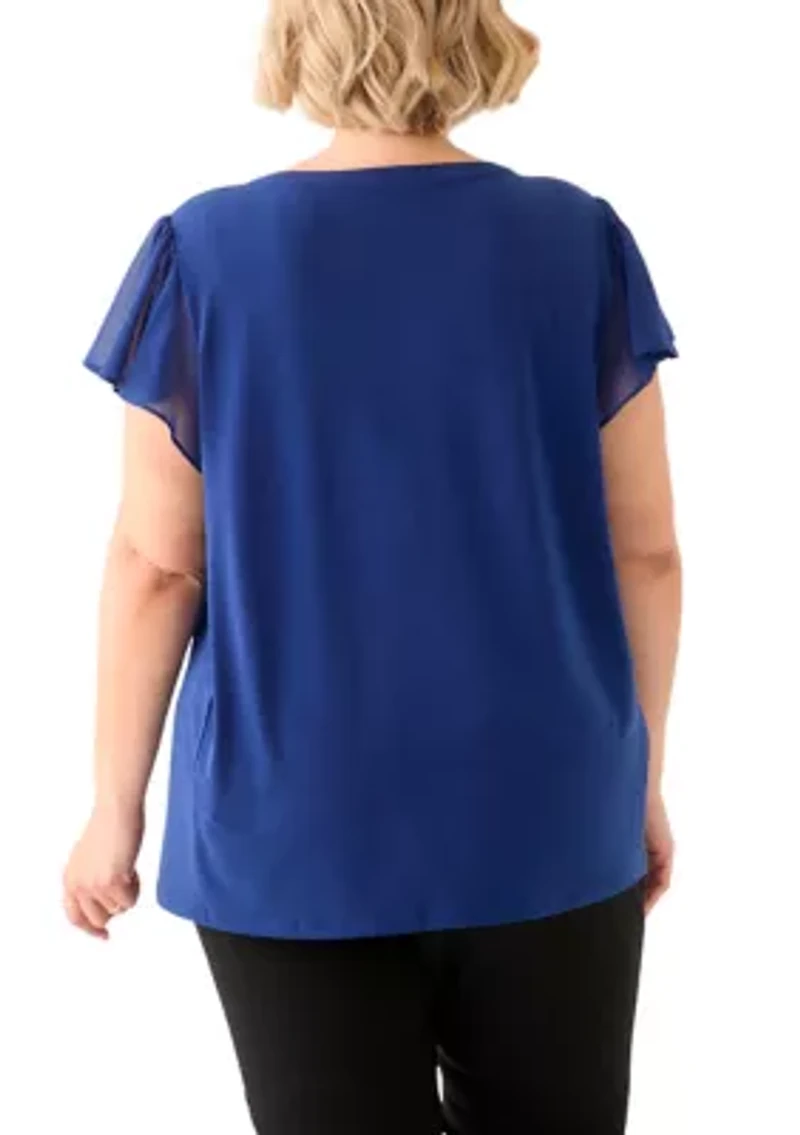 Plus Flutter Sleeve Mixed Media Top